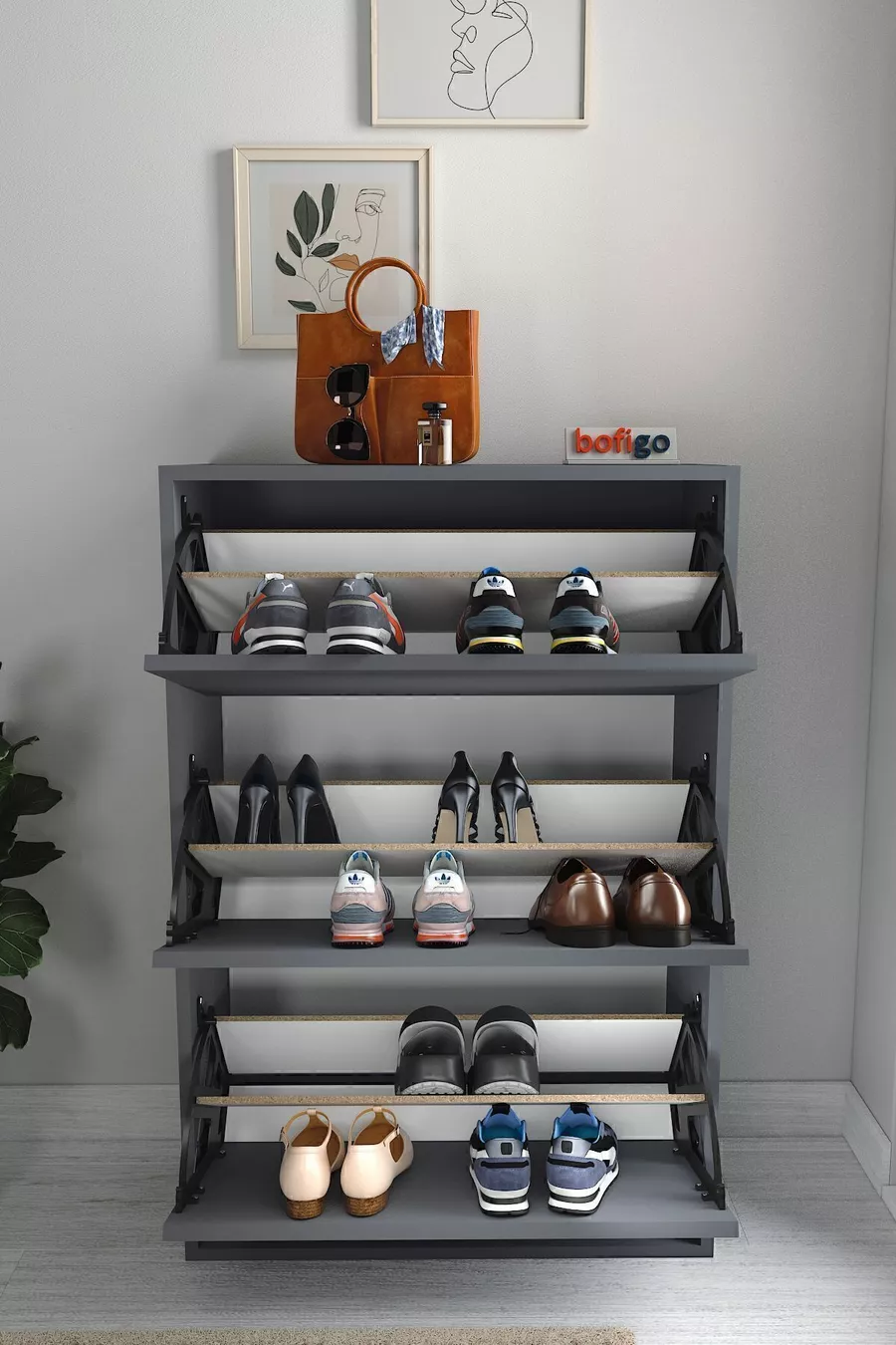 Placard à chaussures à abattant, placard à chaussures coulissant à étagères, placard à chaussures à 3 compartiments, Ange Anthracite