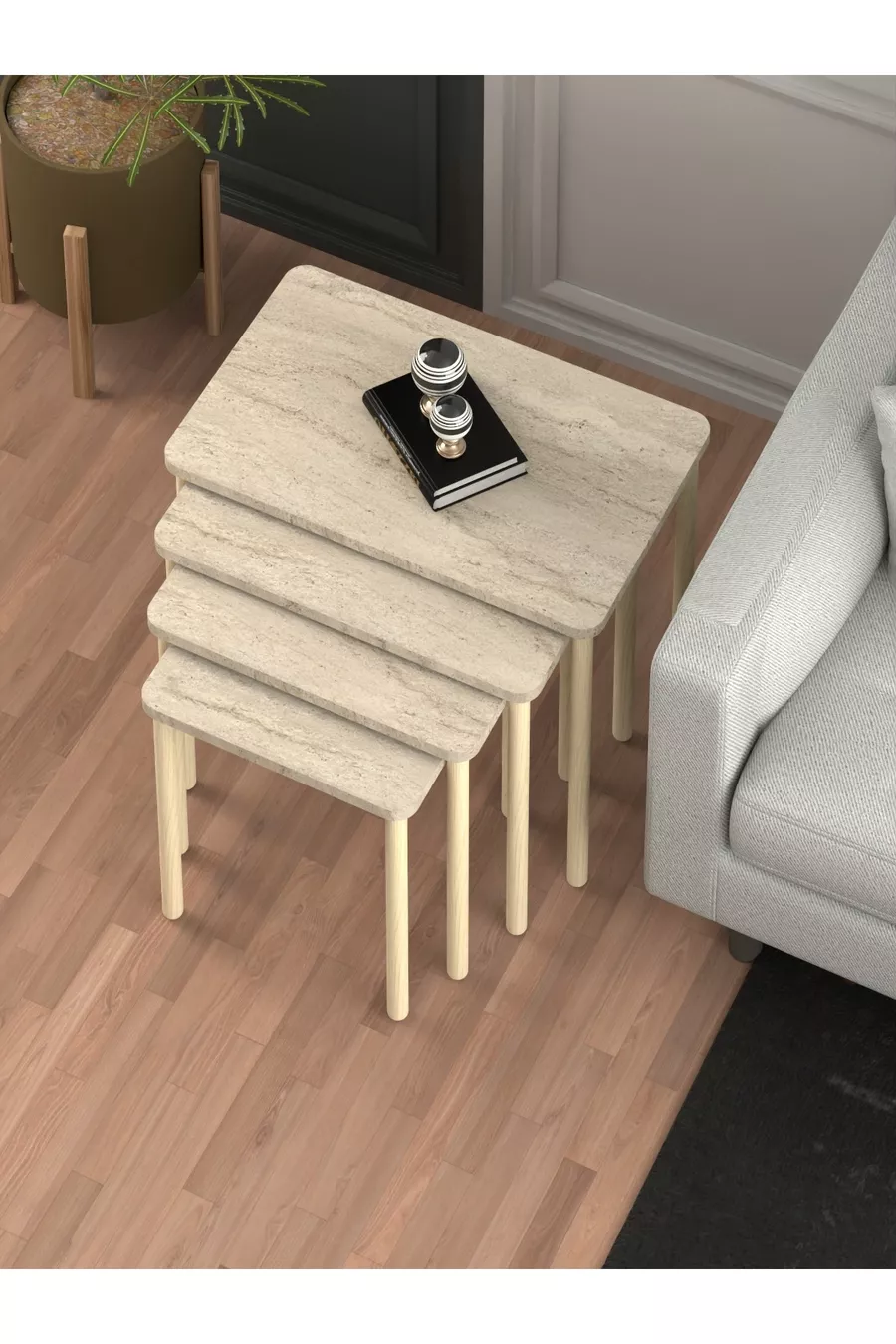 Obim 4 pièces Travertin en bois Empilement Immatriculation - table de thé Table de service Table-salon Table - design moderne