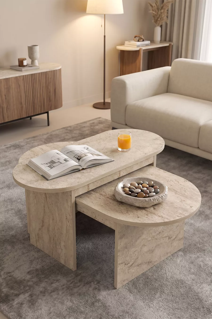 Table basse et table d'appoint ensemble de 2 en travertin