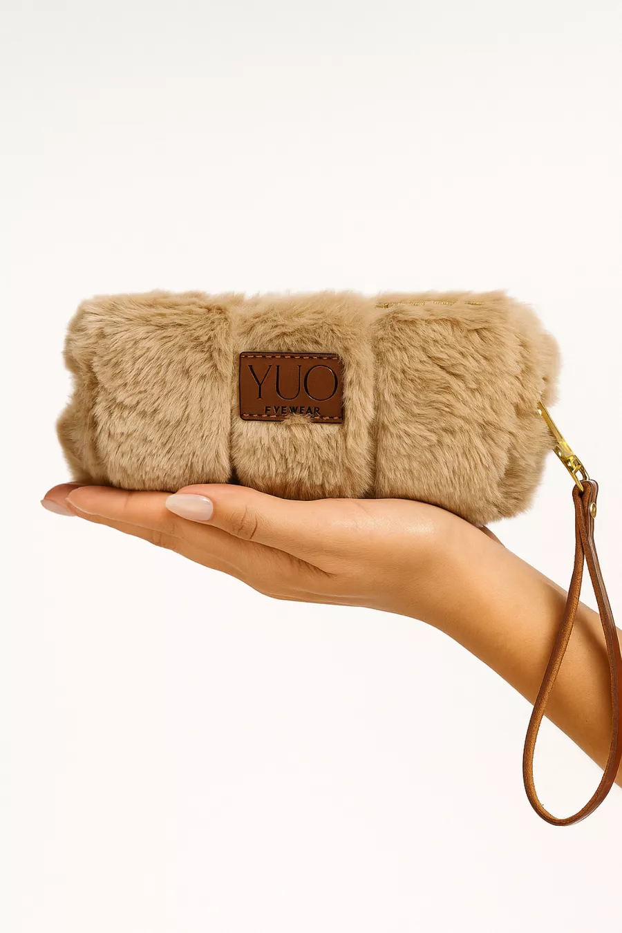Étui polyvalent en peluche marron YUO – Lunettes, porte-stylo, trousse de maquillage, mini pochette