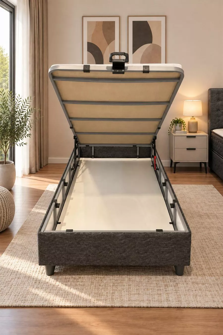Ensemble de tête de lit et sommier coffre simple Bengü Anthracite 3 pièces Orthopédique Pratique avec grand espace de rangement