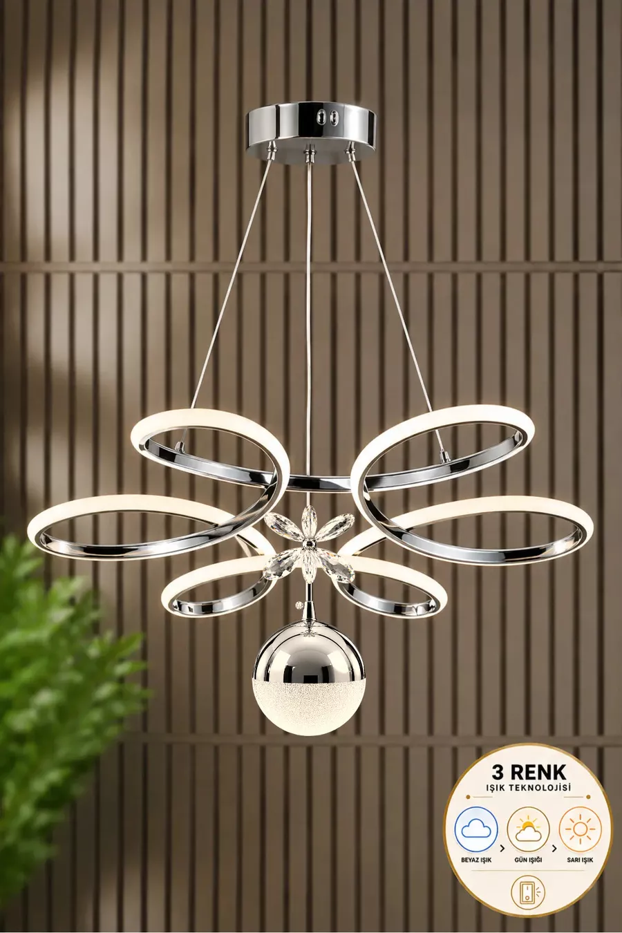 Suspension LED moderne en métal chromé modèle Papatya, 3 couleurs, pour salon, cuisine, séjour, chambre