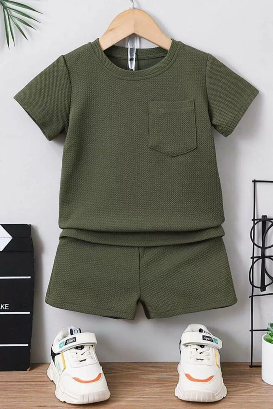Ensemble d'été pour bébé et enfant, avec short 2 pièces en coton, détail poche avec motif gaufre - Vert