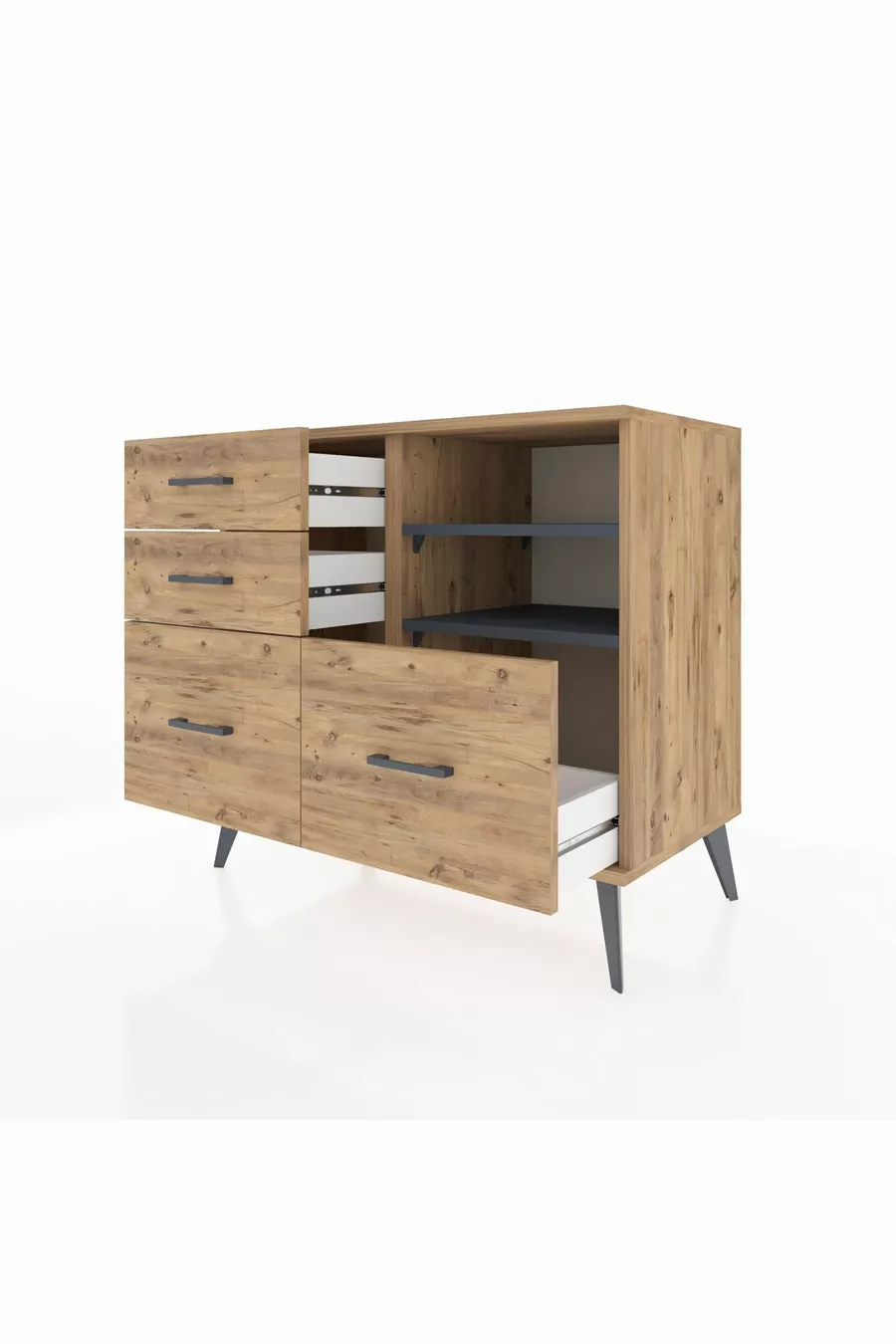 Commode Hyperion 2 étagères 4 tiroirs Pin-Anthracite/Pin