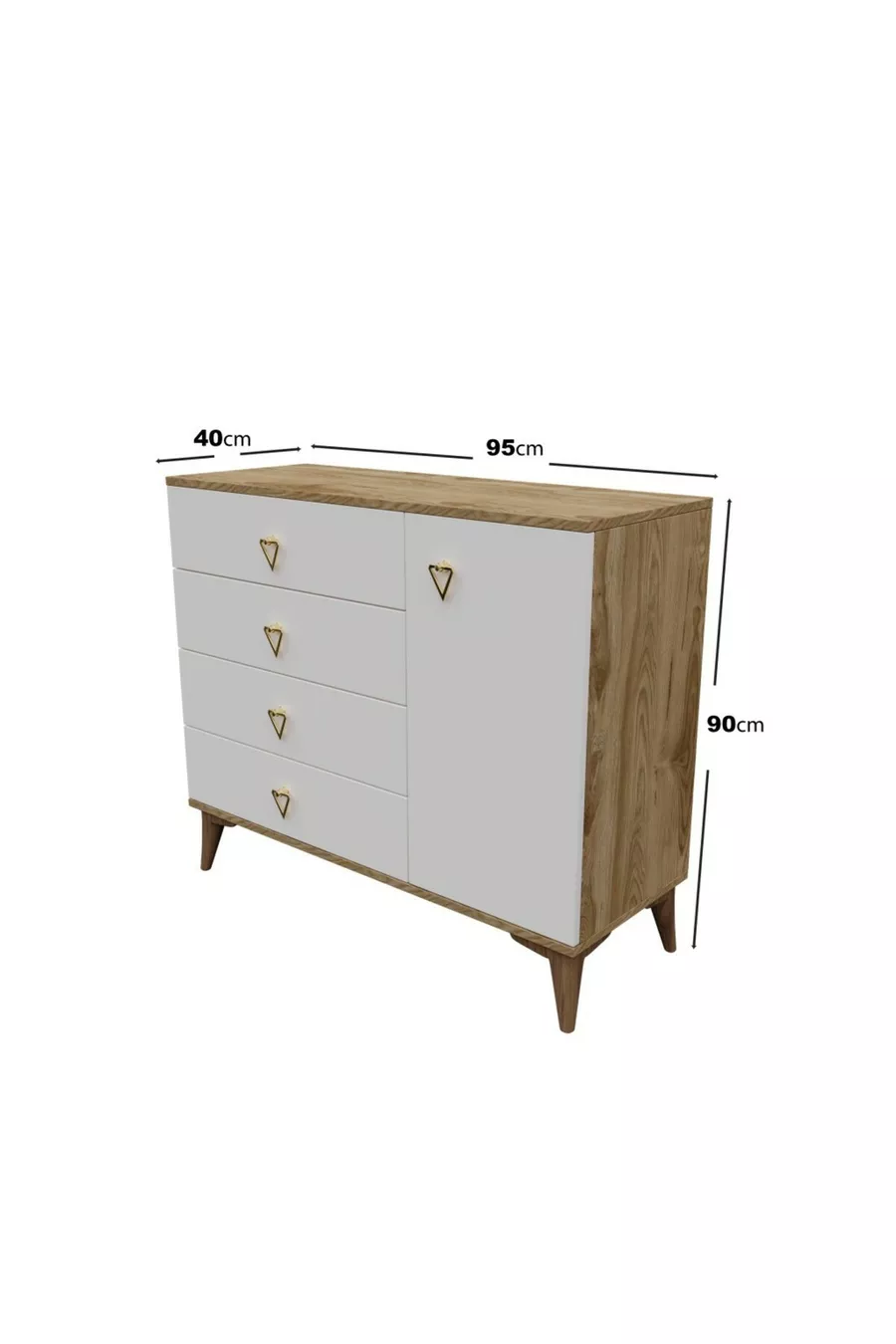 Commode moderne simple à 4 tiroirs et 1 porte, couleur écru et noyer