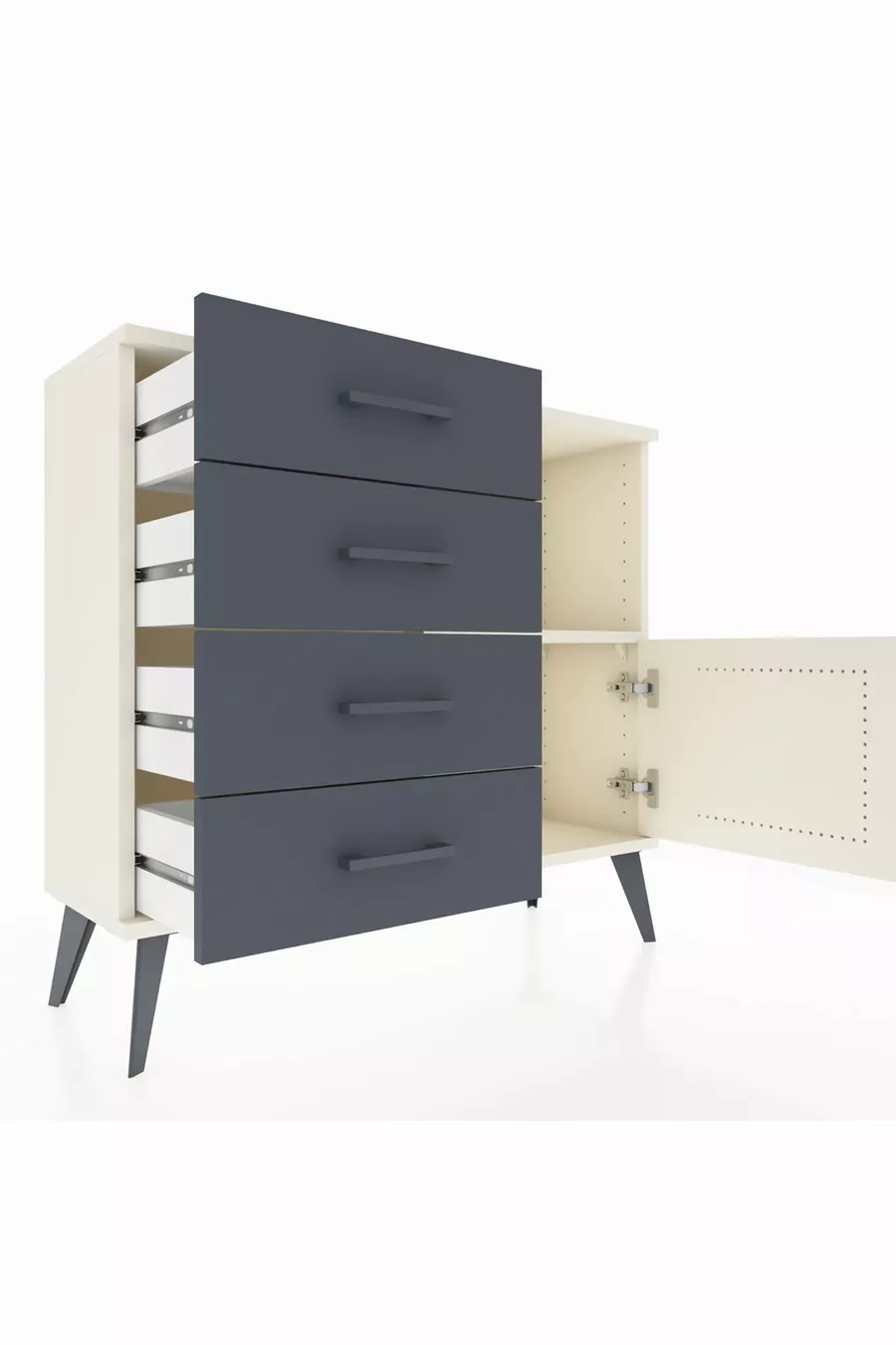 Commode Arges à une étagère, 4 tiroirs et une porte, couleur Pierre Lune/Anthracite