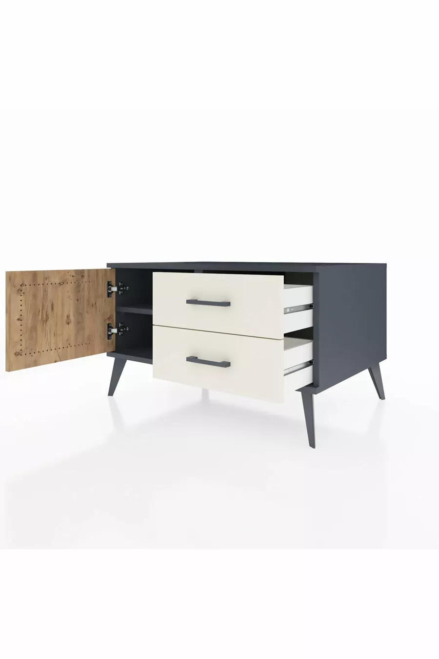 Commode Kronos à une étagère, 2 tiroirs et une porte, Anthracite-Sapin/Gris pierre
