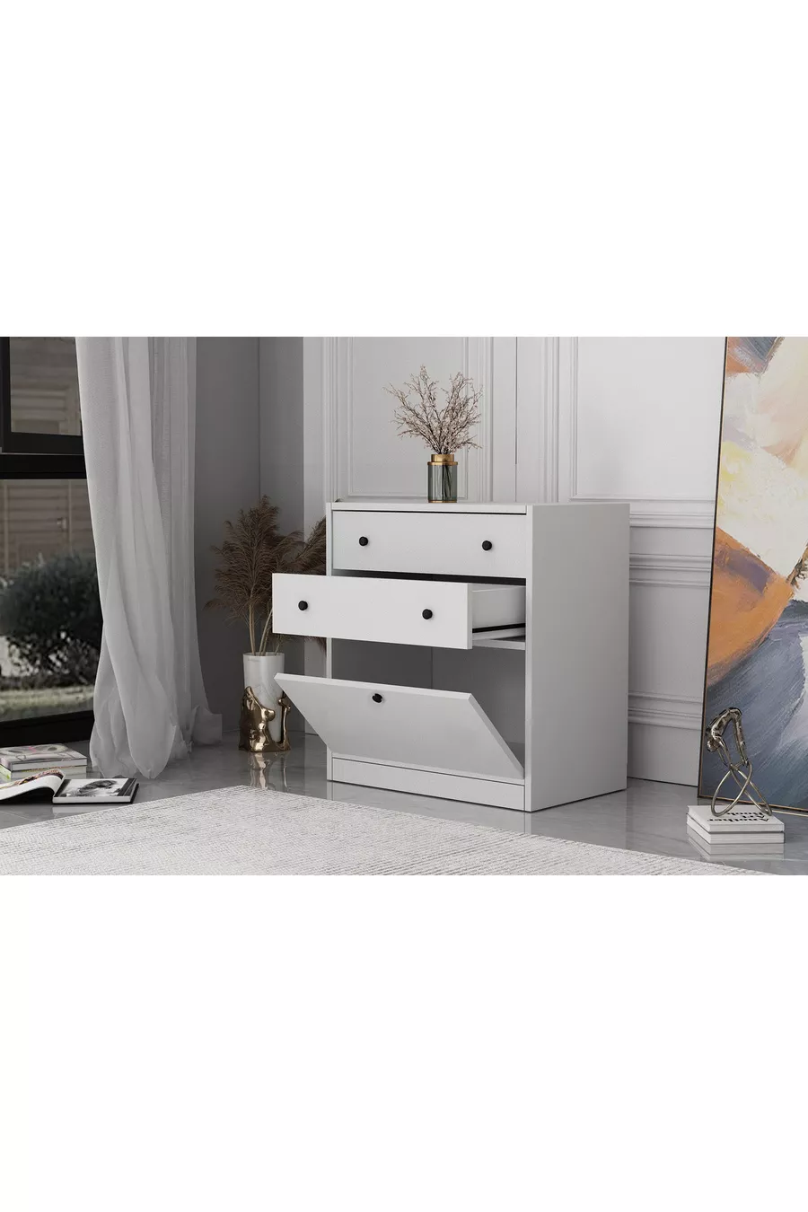 Commode blanche à deux tiroirs avec porte, sans moulures