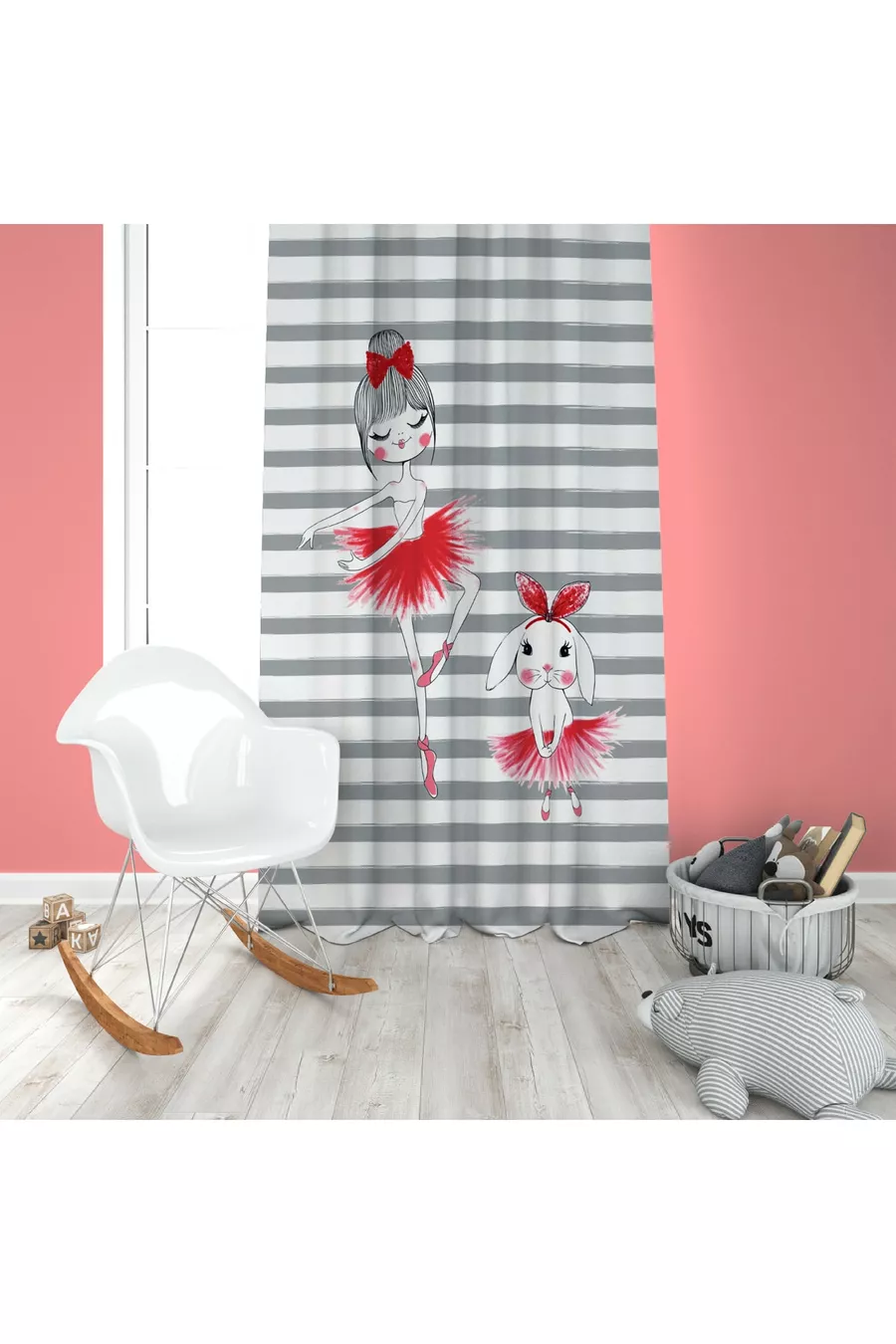 Ensemble Chambre Fille Ballerine à Rayures Grises (Rideau - Couverture de Lit et Coussin - Tapis)