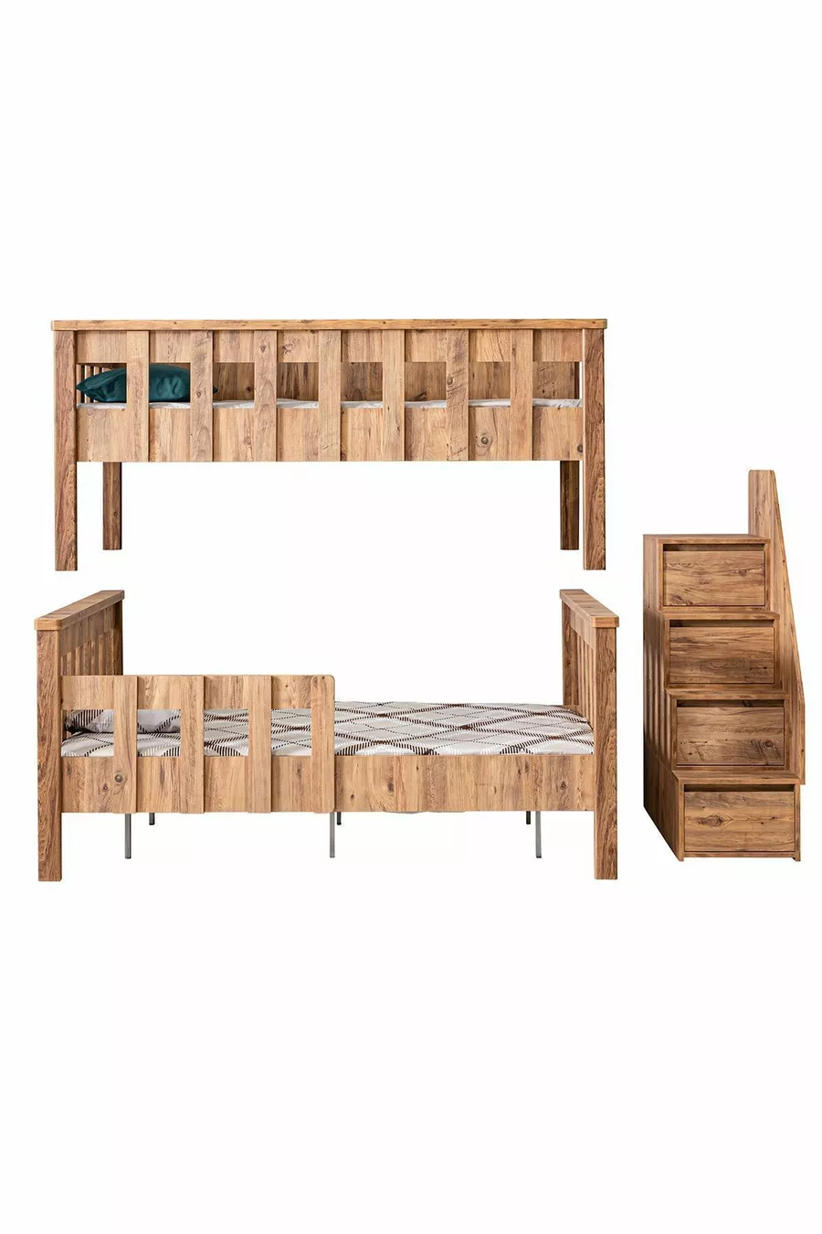 Lits superposés profil MDF, lit superposable Deluxe détachable - Noyer + 2 matelas Comfort
