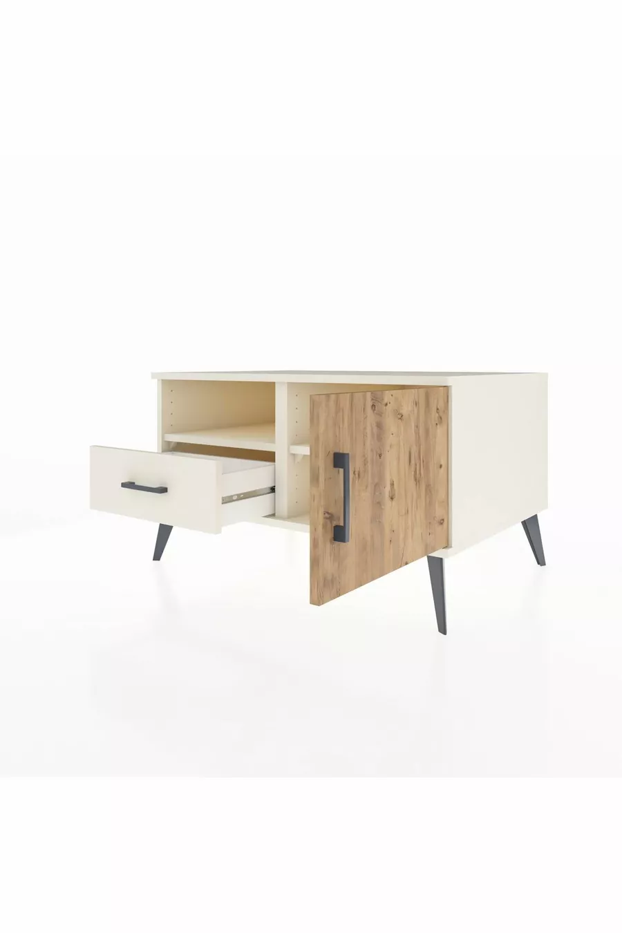 Commode Kronos avec 2 étagères, 1 tiroir et 1 porte, couleur Pierre de lune/Pin