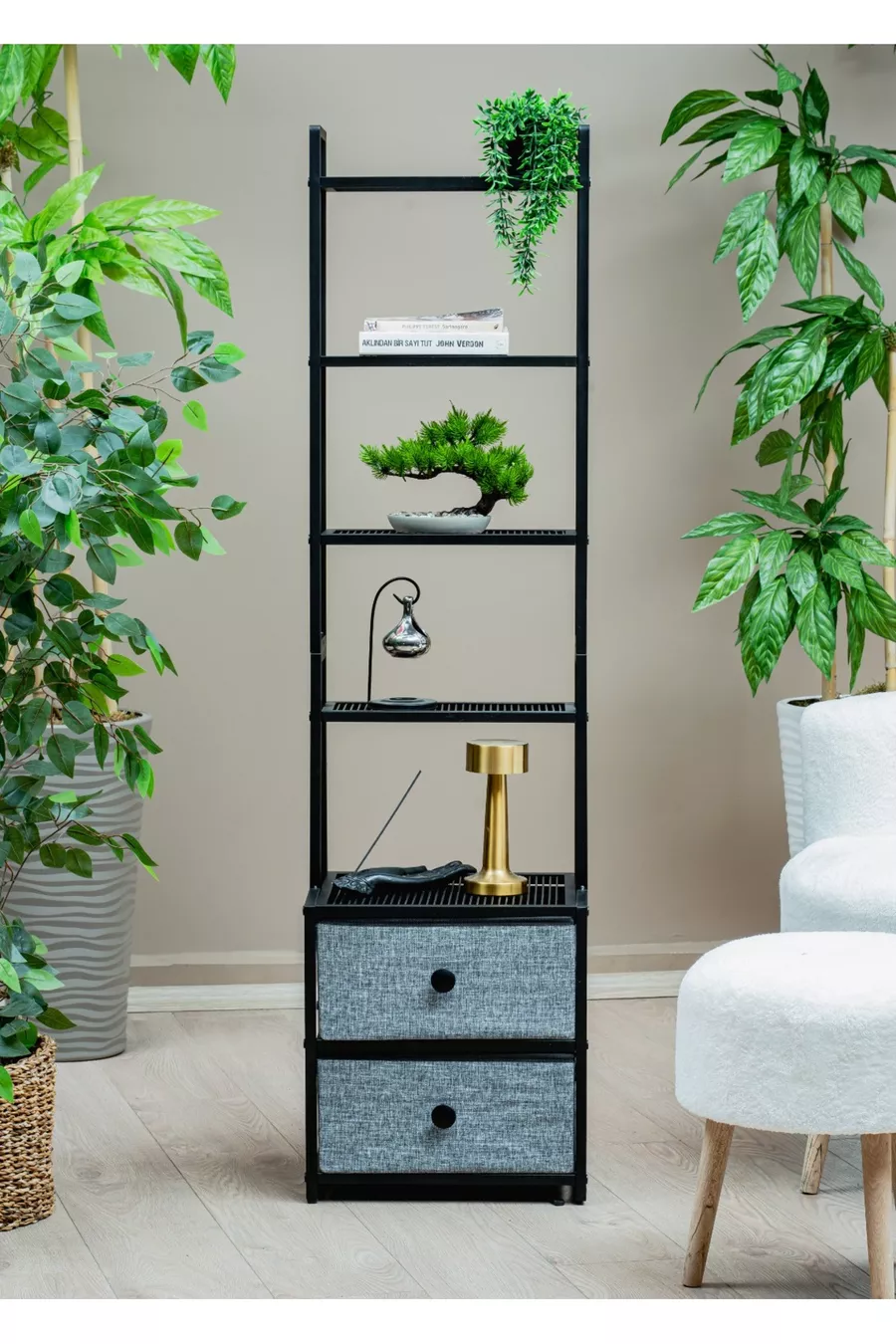 Armoire en métal à 5 niveaux avec tiroirs en tissu, table de chevet décorative, commode multifonctionnelle