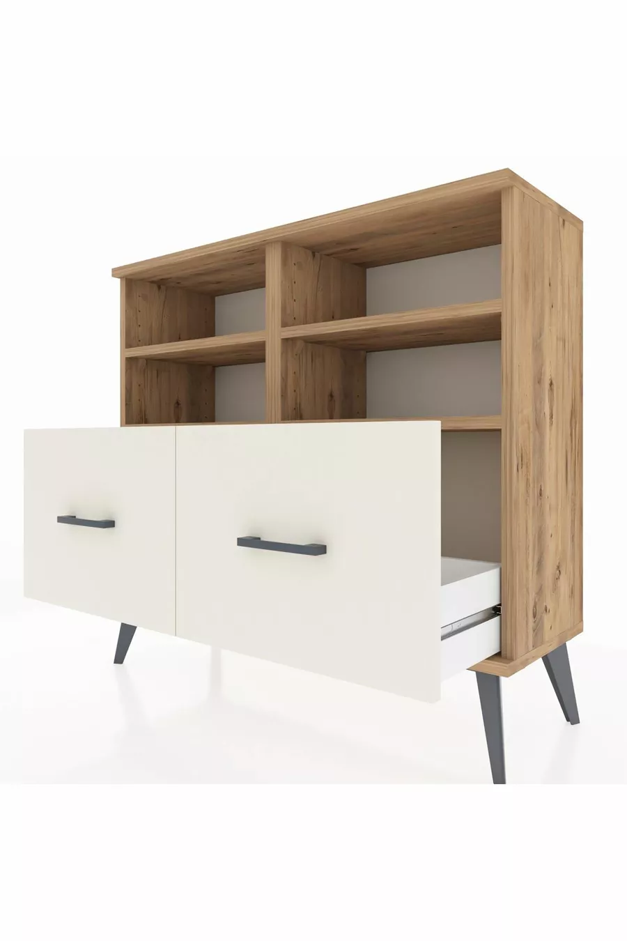 Commode Arges 4 étagères 2 tiroirs Pin-Pin/Marbre blanc