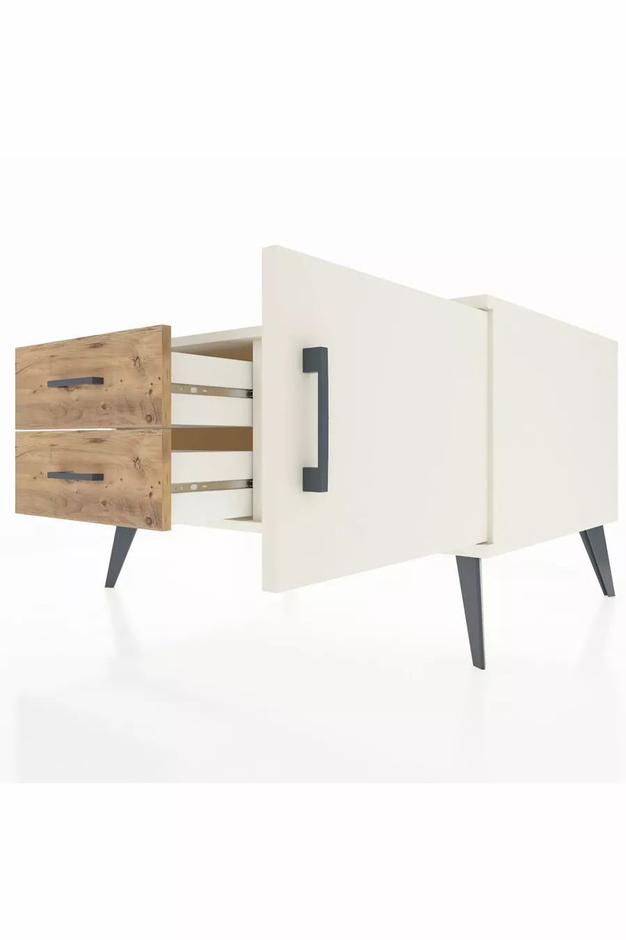 Commode Kronos à une étagère, 2 tiroirs et une porte, Pierre de Lune / Pin