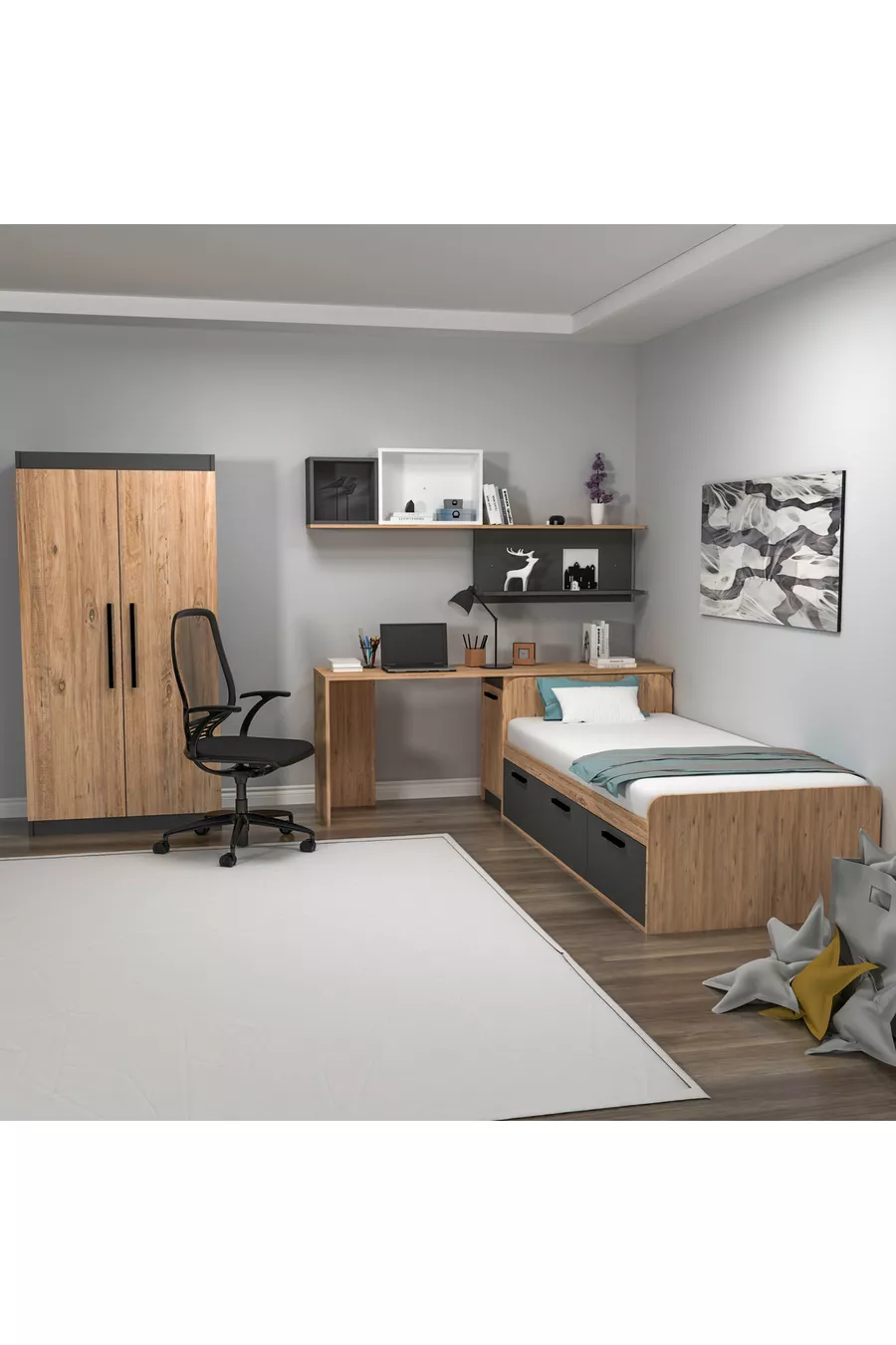Chambre Jeune Akser Ensemble 4 pièces – Pin Atlantique Anthracite (Bureau, Lit, Armoire, Étagère Murale)