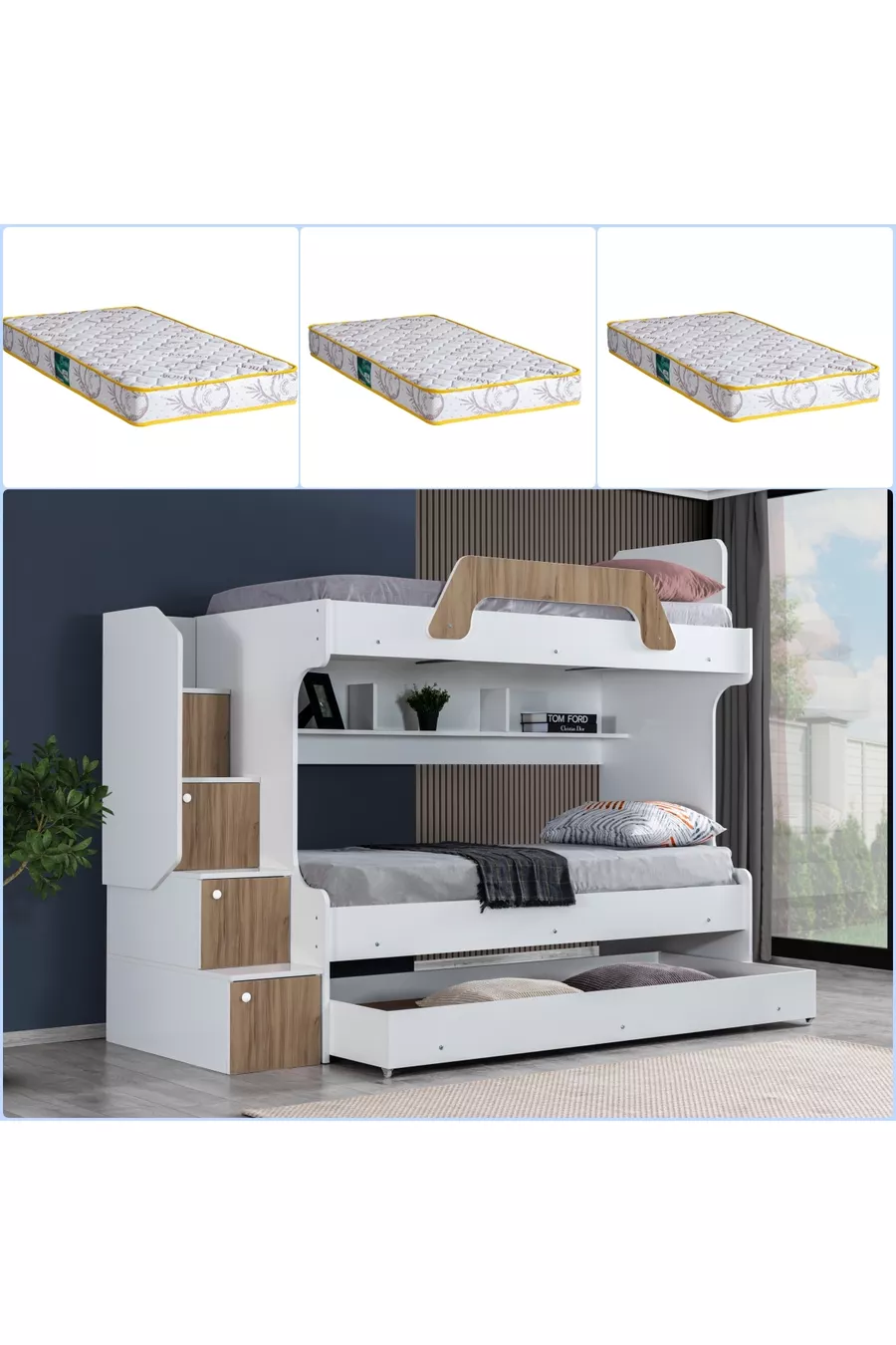 Lits superposés, Lit superposé pour enfants Inci avec lit gigogne en noyer, lot de 3 matelas confort