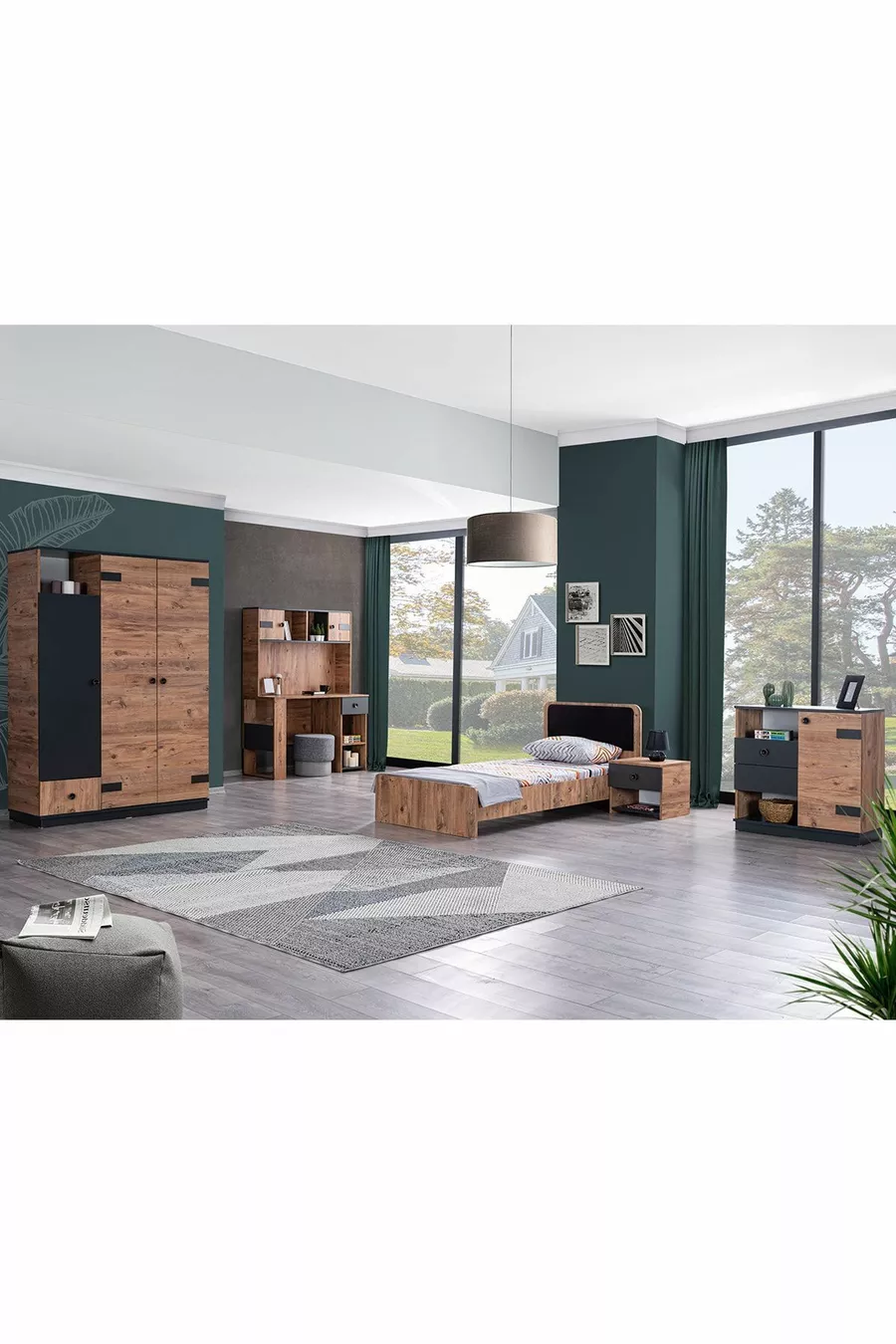 Chambre Jeune Milas - Armoire 3 Portes, Lit, Table de Chevet, Commode, Bureau