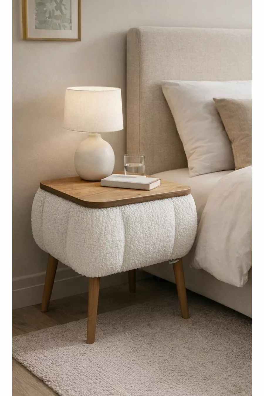 Table de chevet Lina Sandıklı, table de chevet moderne avec pieds en bois recouverte de tissu Teddy