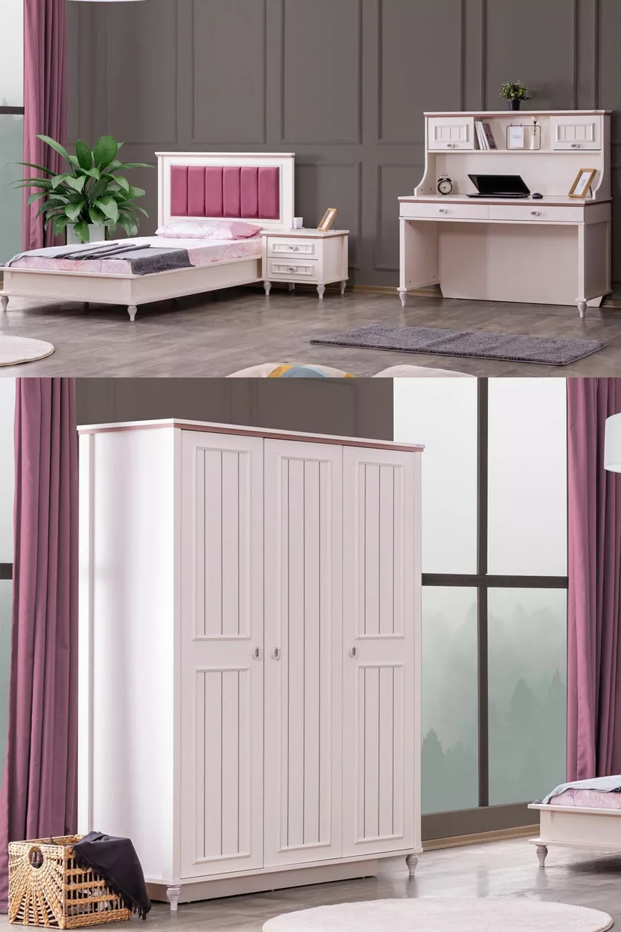 Chambre d'Ezgi Genç, Armoire 3 portes, Lit, Table de chevet, Bureau