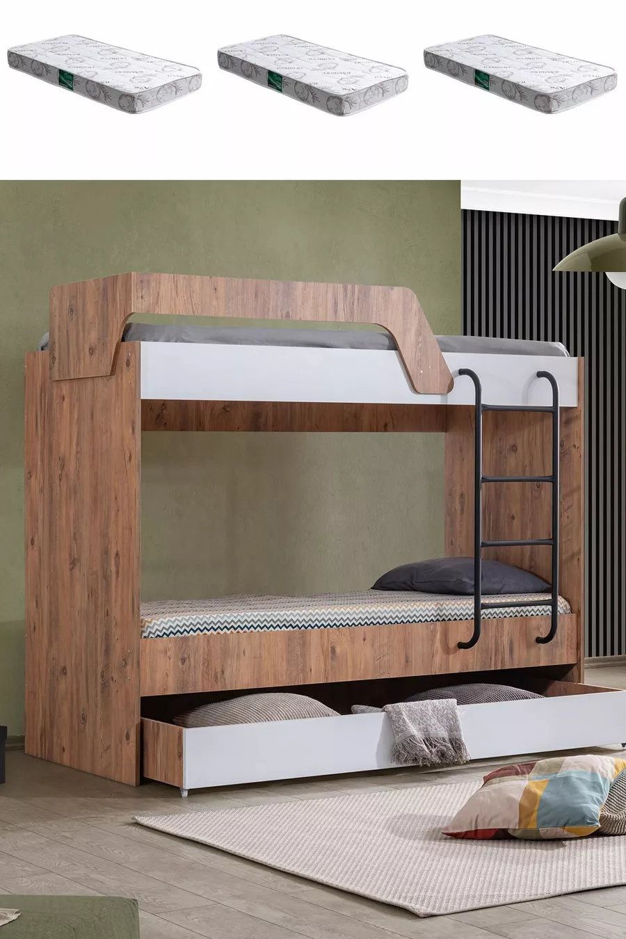Lits superposés, lit superposé métallique à triple couche avec 3 matelas confort