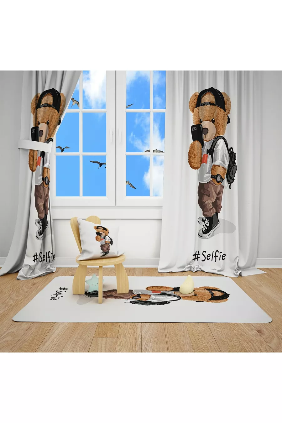 Ensemble pour chambre d'enfant avec ours imprimé numérique (rideau, couvre-lit et oreiller, tapis)