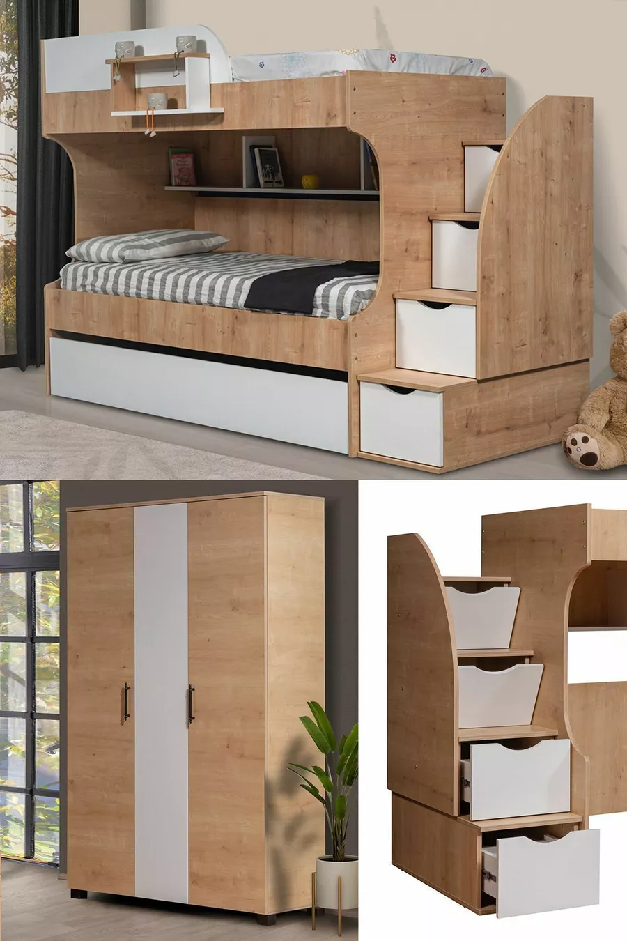 Lits superposés, Lit superposé avec tiroirs Aura - Armoire 3 portes - Chêne Saphir