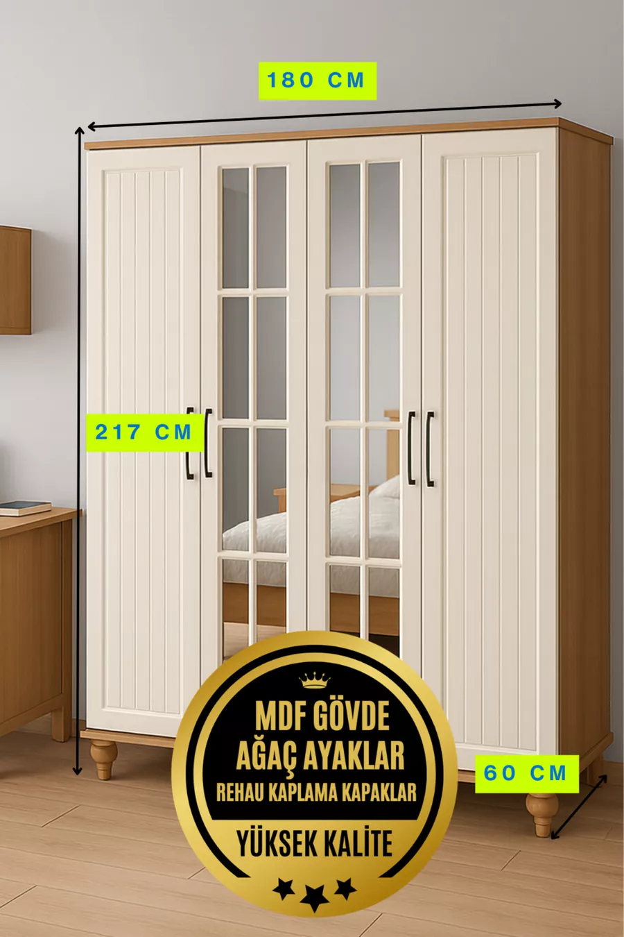Armoire Nefes MDF à 4 portes et tiroirs | Revêtement Rehau | Pieds en bois de charme | Structure solide