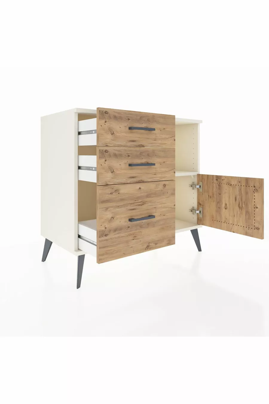 Commode Hyperion à une étagère, 3 tiroirs et une porte, Pierre de lune-Pin