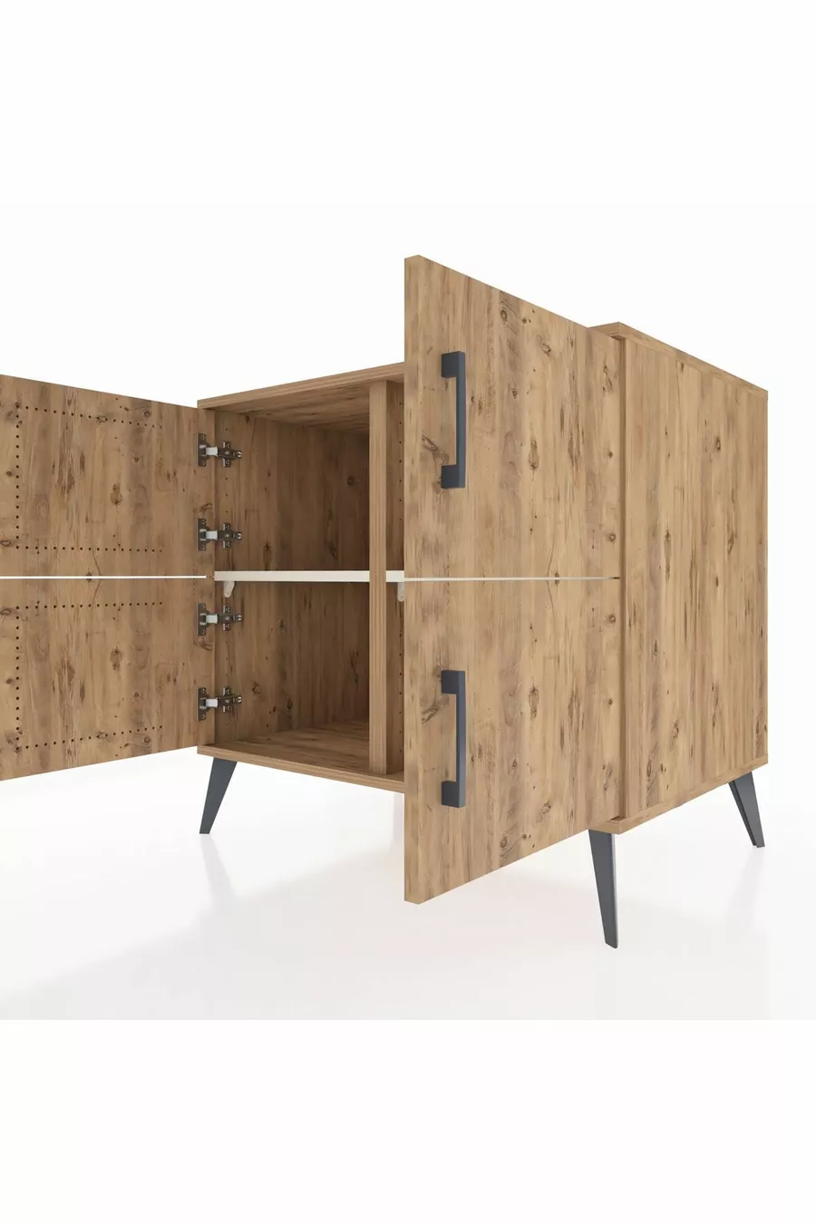 Commode Kronos à 2 étagères et 4 portes Pin-Pin/Marbre blanc