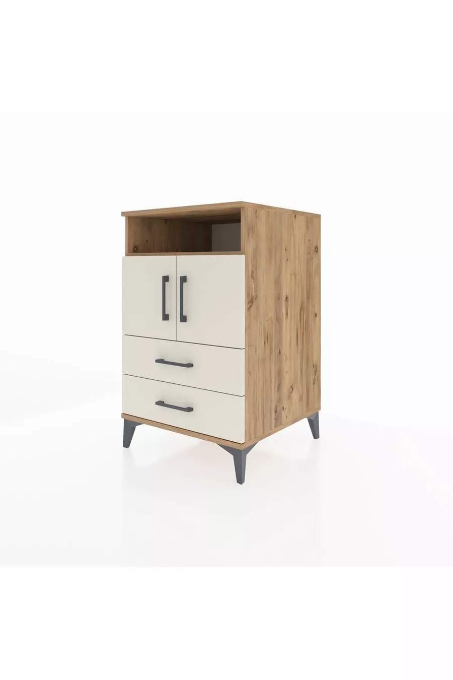 Table de chevet Kronos avec 2 étagères, 2 tiroirs et 2 portes, pin-gris