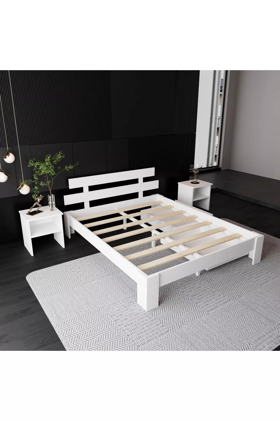 Lit Lotus en MDF avec 2 tiroirs | Compatible avec un matelas double, facile à monter