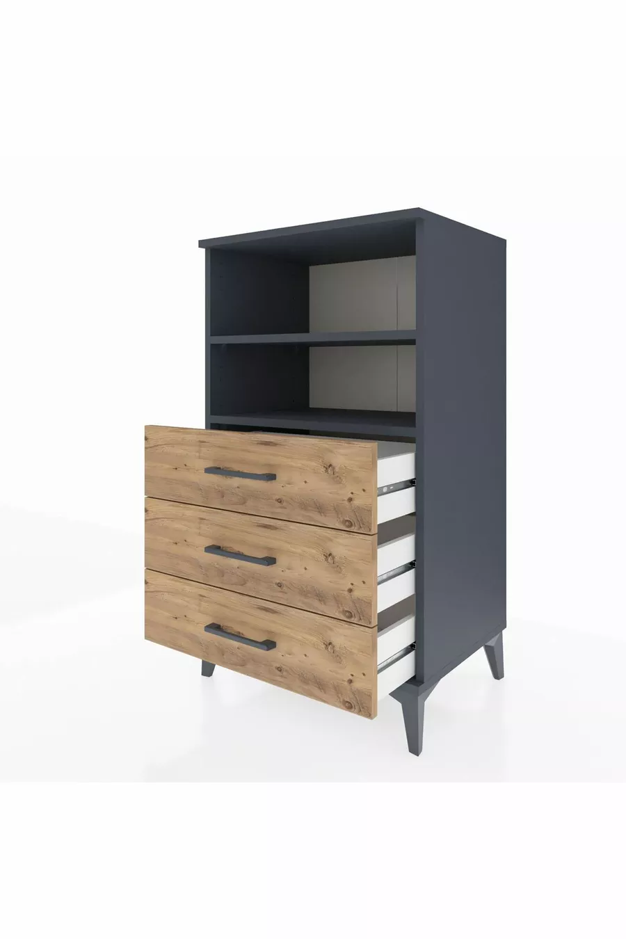 Table de chevet Hyperion avec 2 étagères et 3 tiroirs Anthracite-Pin