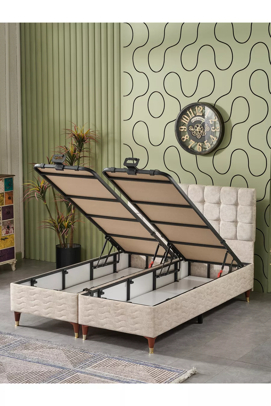 Bengü Lit Double (Tête de Lit + Sommier + Matelas) Set de 3 (JERY Crème)
