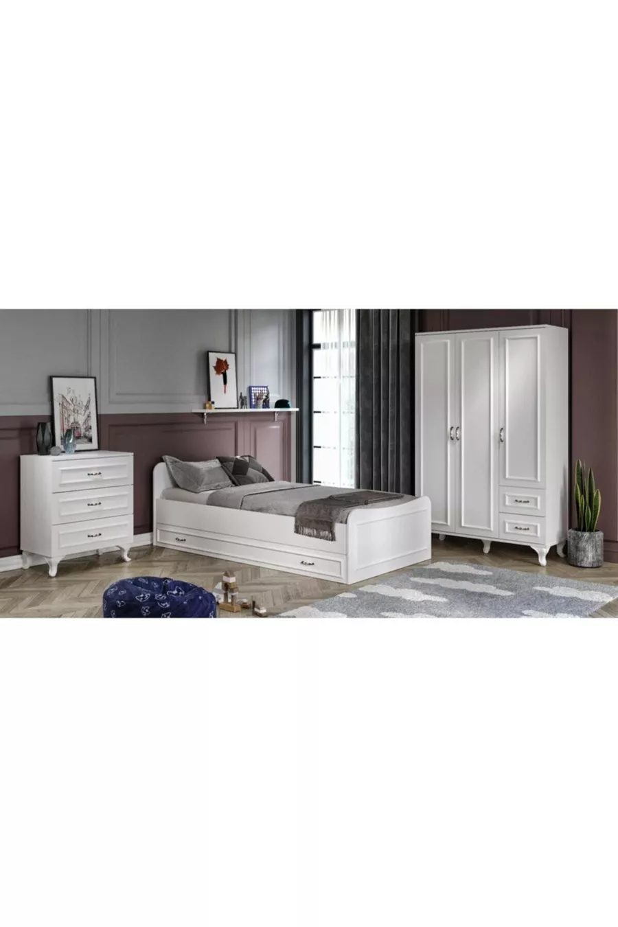 Ensemble de chambre Kartopu Country - Armoire à 3 portes, Lit superposé, Commode à 3 tiroirs entièrement en MDF