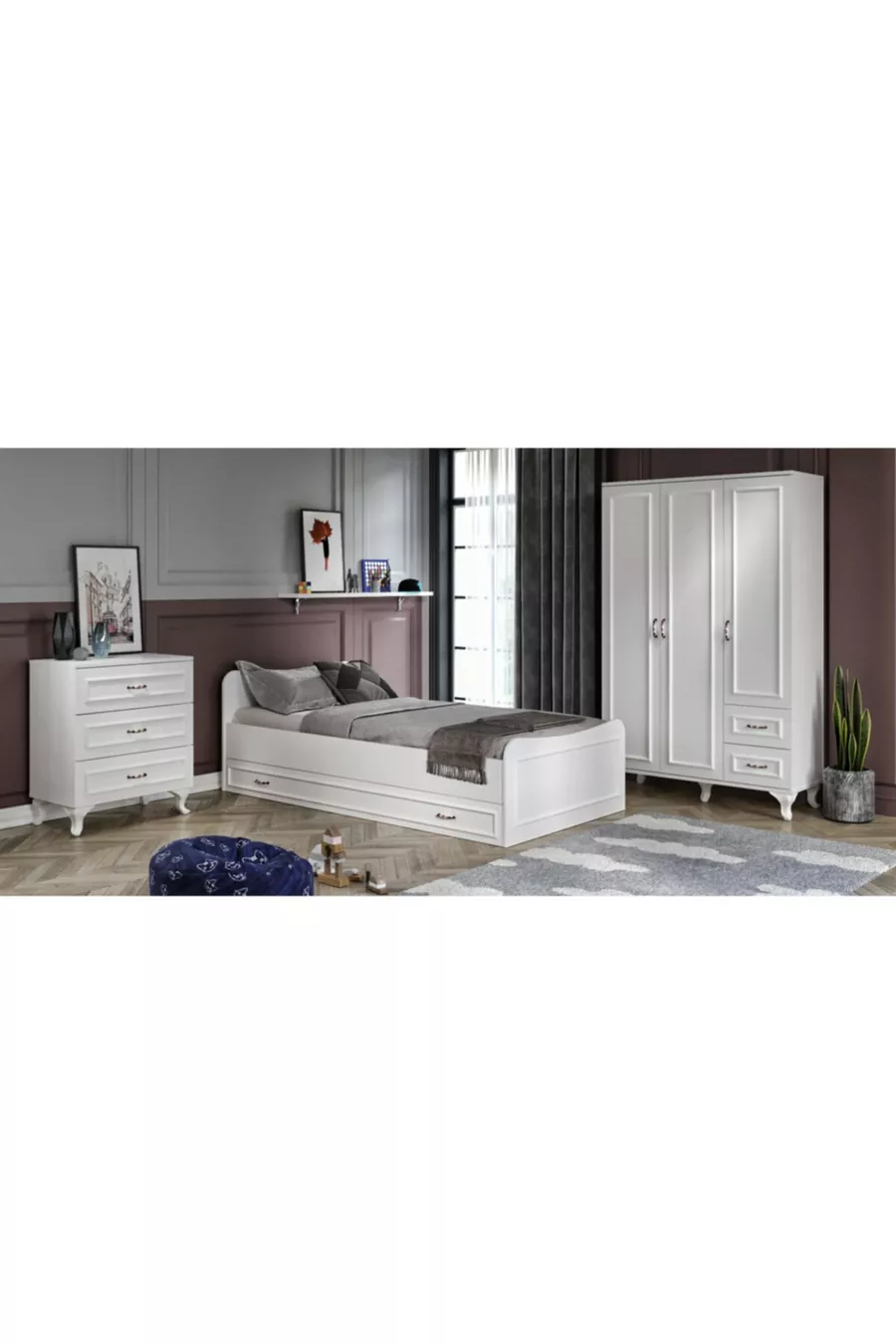 Ensemble de chambre Kartopu Country - Armoire à 3 portes, Lit superposé, Commode à 3 tiroirs, entièrement en MDF