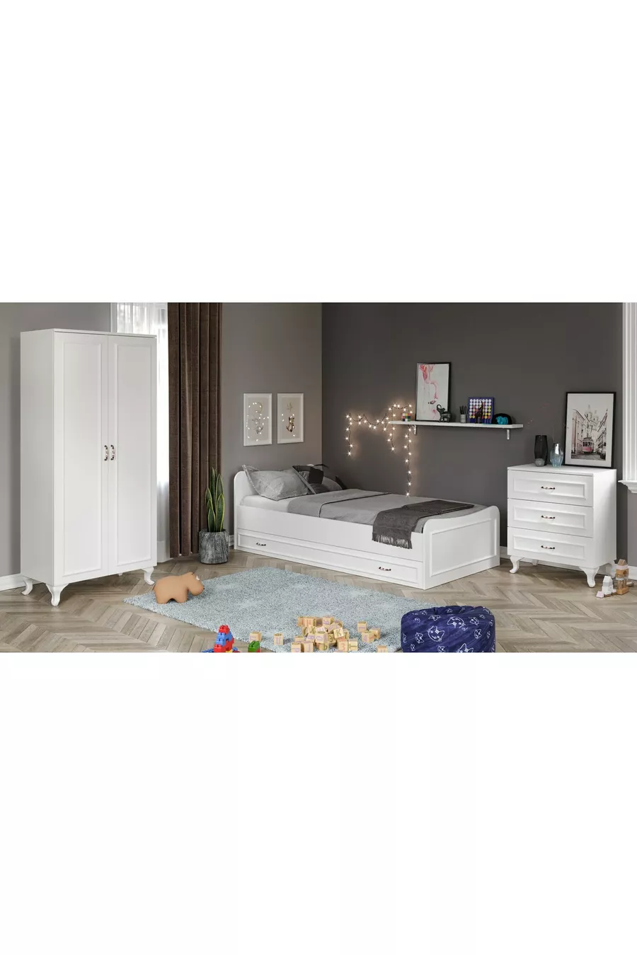 Ensemble de chambre Country - Lit avec tiroirs, Armoire à 2 portes, Commode à 3 tiroirs, entièrement en MDF