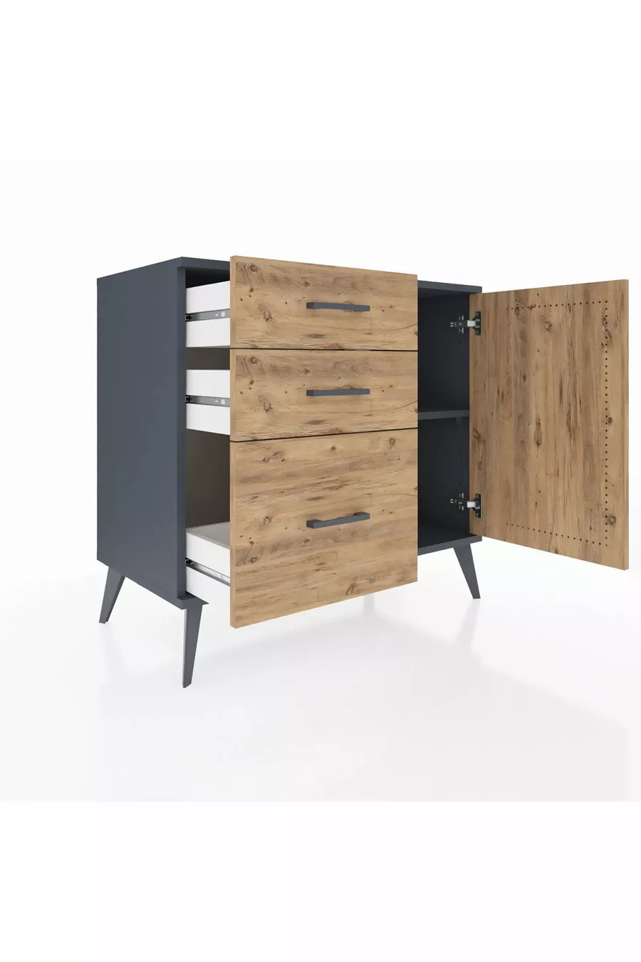 Commode Hyperion à une étagère, 3 tiroirs et une porte, Anthracite-Bois de pin