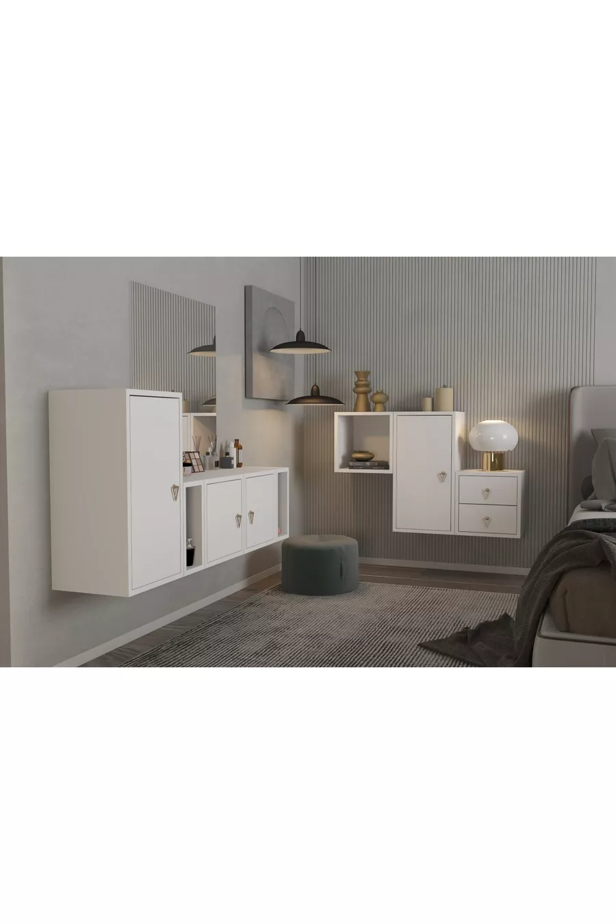 Ensemble de chambre modulaire avec armoire à tiroirs et étagère avec portes