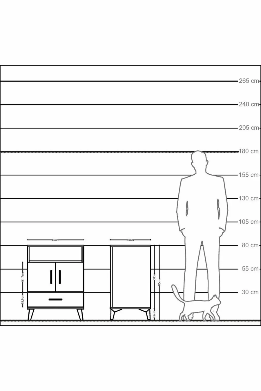 Table de chevet Kronos avec 3 étagères, 1 tiroir et 2 portes, Anthracite-Pierre de lune