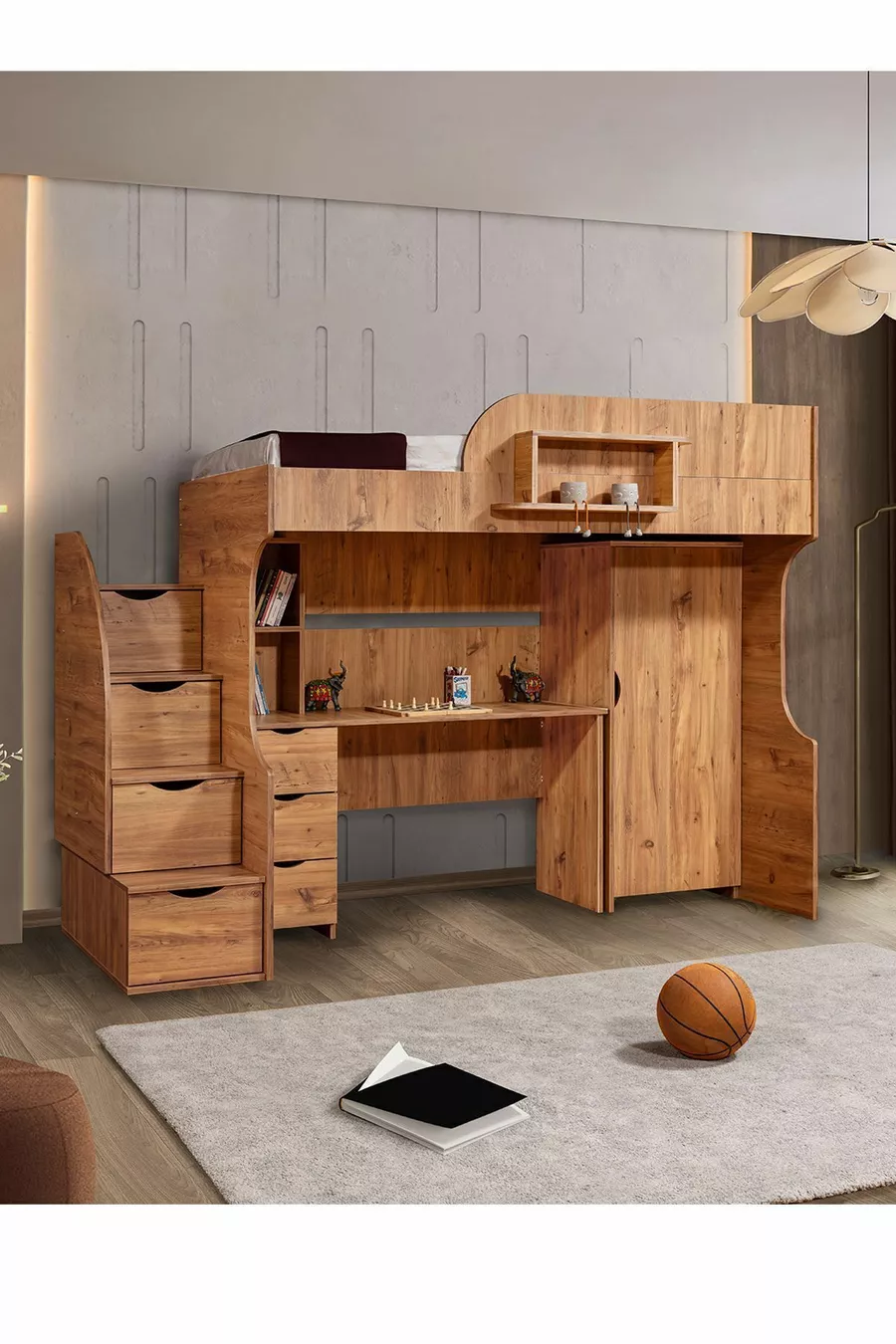 Lits superposés, Bureau avec armoire Litera, Noyer foncé