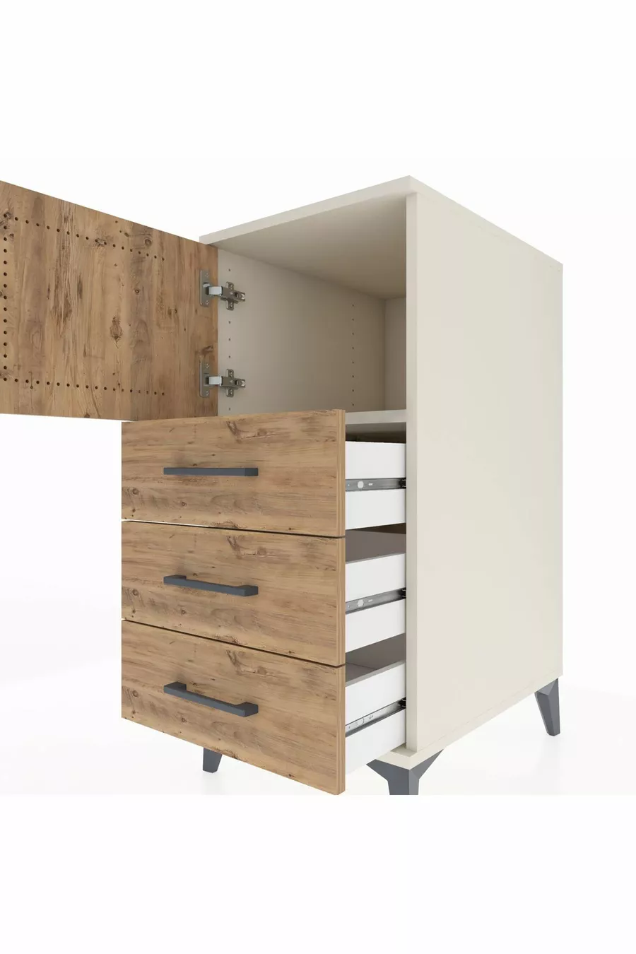 Kronos Table de chevet avec une étagère, 3 tiroirs et une porte, Pierre de lune-Pin