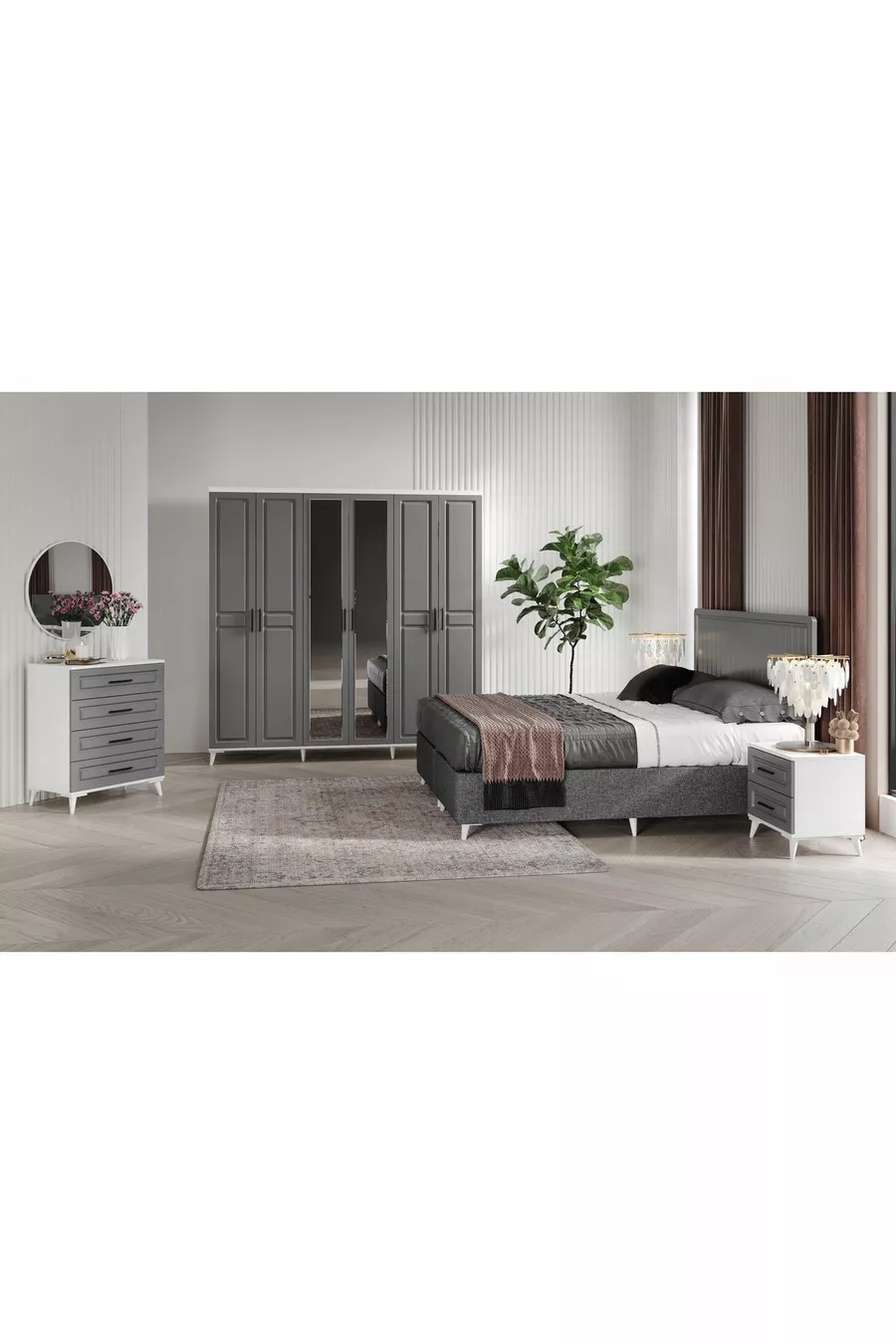 Ensemble de chambre à coucher complet en MDF Sport avec 6 portes, anthracite-blanc, incluant le sommier