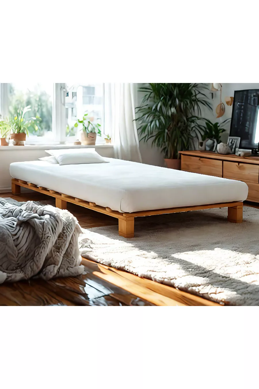 Lit plateforme en bois massif cm X cm, couleur noyer cm X cm, couleur noyer massif