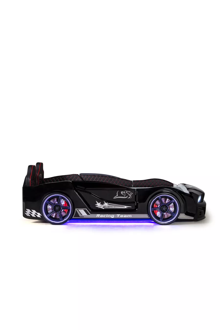 Portes de lit à roulettes noires Mustang avec ouverture, entièrement équipées de LED, télécommandées et avec musique