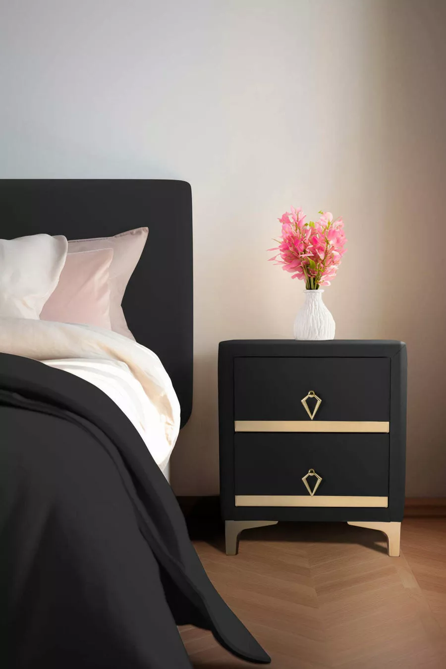Table de chevet Doppia Linea Gold, à deux tiroirs