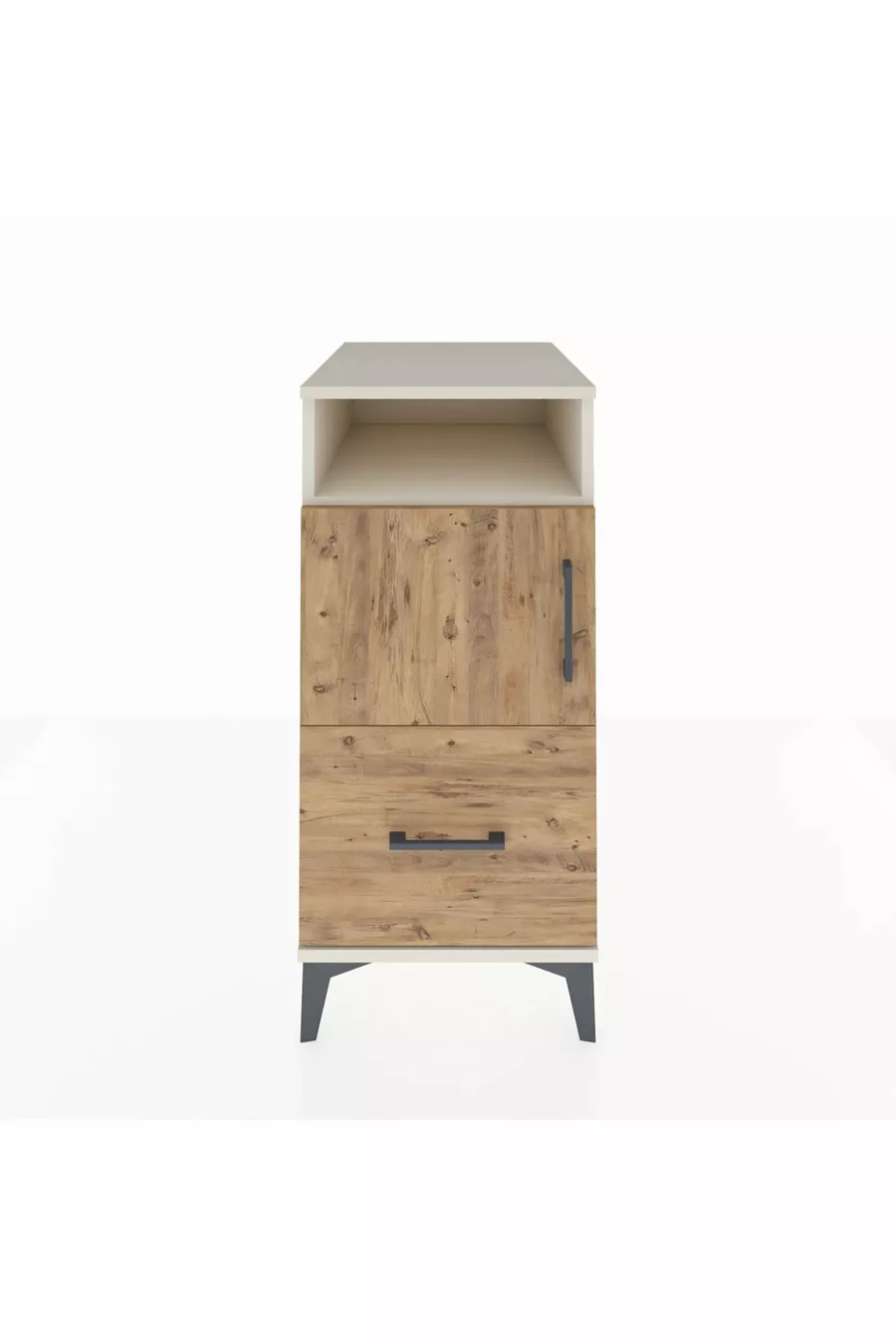Kronos Table de chevet avec 2 étagères, 1 tiroir et 1 porte, Pierre de Lune-Sapin