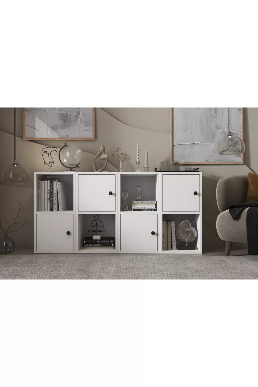 Commode blanche à quatre portes avec étagères sans lattes