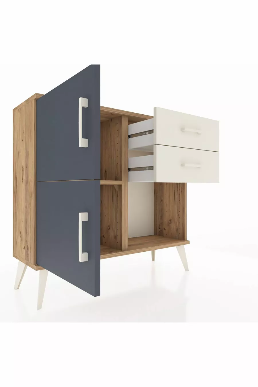 Commode Arges avec une seule étagère, 2 tiroirs et 2 portes, pin-anthracite/pierre de lune