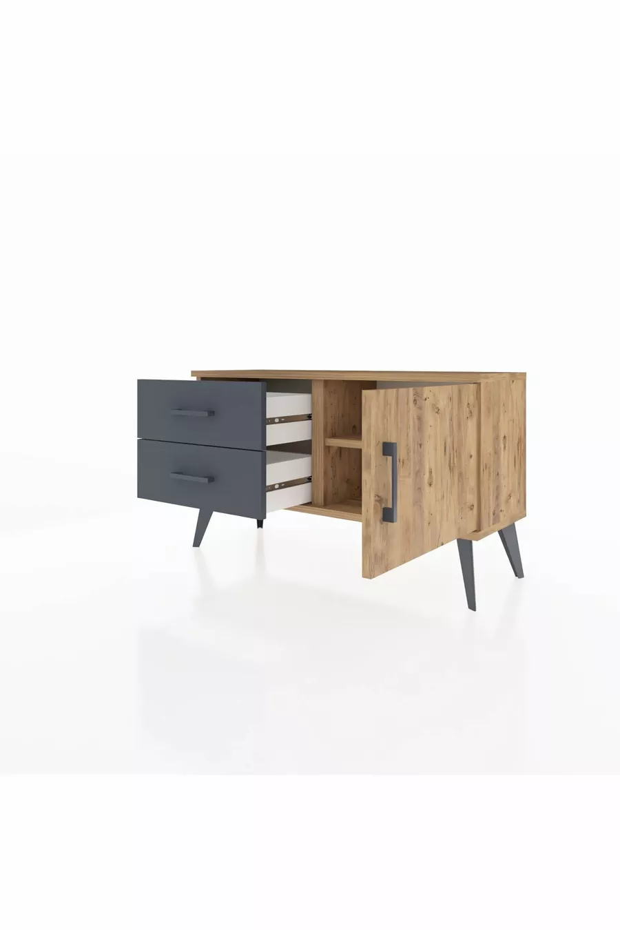 Commode Arges avec une seule étagère, 2 tiroirs et une porte, Pin-Pin/Anthracite
