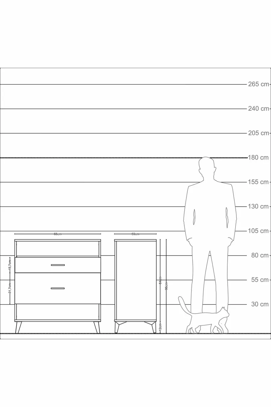 Commode Kronos à une étagère et 2 tiroirs en pin et pierre de lave